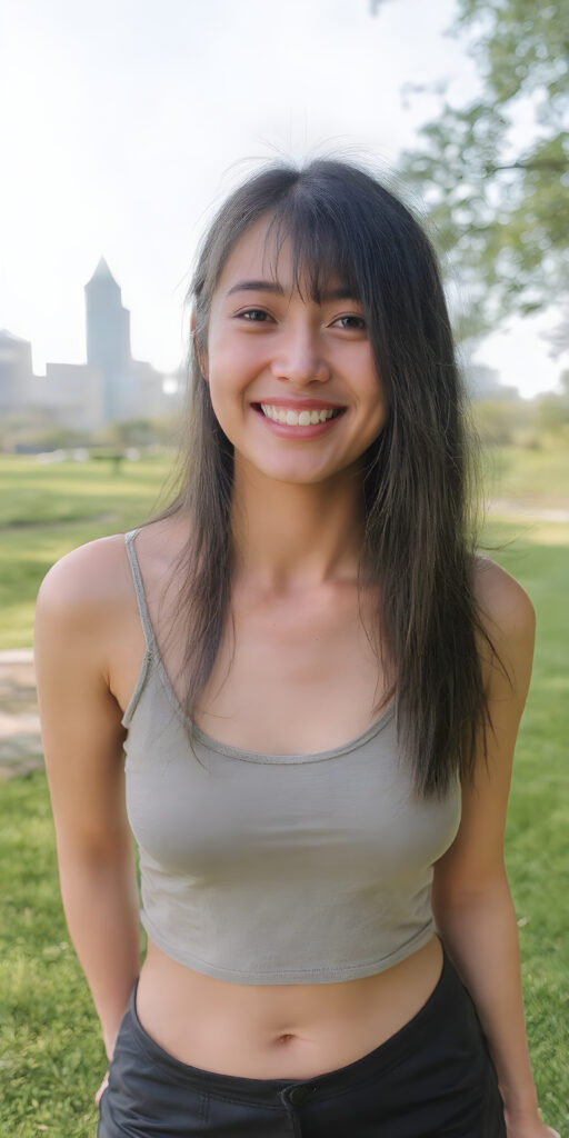 ((full body shot)) a girl, 21 years old, straight black hair, short tank top deep neck, short black skirt, white shoes, smile very happy, white teeth, she is in a sunny green park, skyline in backdrop, detailed belly button