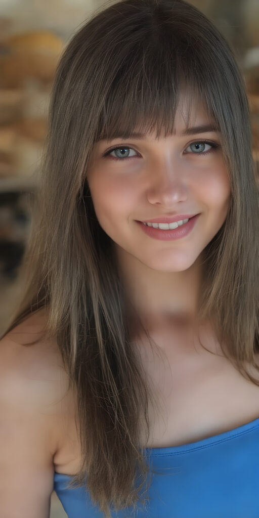 ((full body shot)) a joyfully cute (((young adult girl))), with long, soft straight dark (((hair))), the hair falls gently over her upper body and is the same length on both sides, exquisitely detailed amber eyes, dressed in a sleek, form-fitting blue (((crop tank top))), her expression radiating pure elation towards the viewer, detailed, realistic, 4k