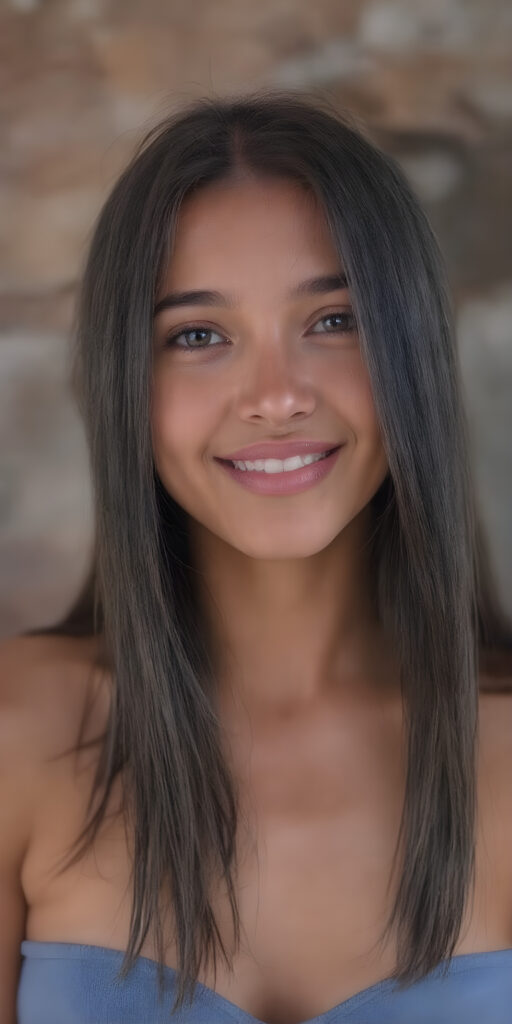 ((full body shot)) a joyfully cute (((young tanned teen girl))), with long, soft straight black (((hair))), the hair falls gently over her upper body and is the same length on both sides, exquisitely detailed amber eyes, dressed in a sleek, form-fitting blue (((crop tank top))), she has a perfect curved fit body, full lips, her expression radiating pure elation towards the viewer, detailed, realistic, 4k
