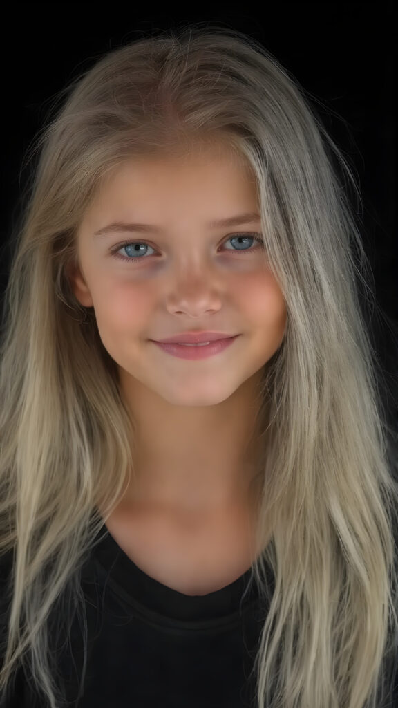full body shot, a beautiful young girl, ((detailed and realistic)), her very long straight and soft white full hair falls over her upper body)), ((perfect curved body)) ((gorgeous)) ((stunning)) ((cute round face)), she wears a black t-shirt, enjoy her carefree life, she is smiling, in front of the viewer, black background, perfect light and shadows