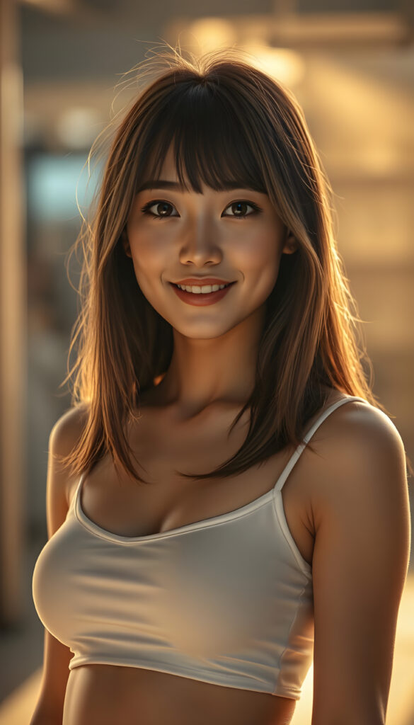 (full body shot) a stunning, highly detailed 8K portrait of a cute well and big busty woman with a perfect, curvy body and a warm smile. She has Korea-inspired bangs and straight, detailed maroon hair with blond highlights that cascades down her. Her face is ultra-realistic, round with mesmerizing amber eyes that look directly at the viewer. She wears a crisp white short cropped tank top that accentuates her figure low v-neck. Round short mini skirt. The lighting is warm and golden, casting deep, dramatic shadows that enhance her features. The image is saturated and vibrant, with a film grain texture that adds a nostalgic touch. The focus is sharp on her face and upper body, while the background is softly blurred, creating a beautiful depth of field effect.
