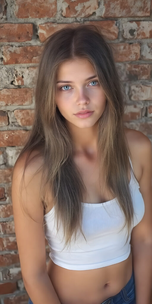 full body shot of a (((stunning gorgeous young teen girl))), with ((very long soft jet light brown hair, big light blue eyes)), perfect curved body, (her face illuminated by a warm, inviting glow), dressed in a ((short tight (white tank top) with ((blue thin straps)) and ((blue buttons)) on the sleeves)), standing confidently in front of a ((beautiful brick wall)). She exudes an air of confidence and allure, as she poses for a full-body shot that captures her perfectly toned and youthful thighs, and accentuates her slender, perfect bottom. The image exudes a sense of elegance and natural beauty, perfect for a high-resolution, UHD photo that showcases her full body elegantly, it's a sunny day