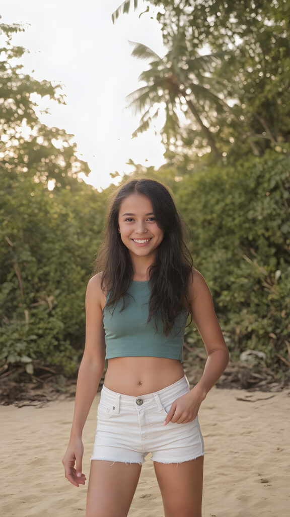 full body shot of a (((very happy teen girl))) with warm, sun-kissed skin and long, softly curled ((black hair)), wearing a tight-fitting, short ((teal top)) and (tight (white denim jean shorts)), posed confidently on a (sandy beach) under a (softly glowing (sky))