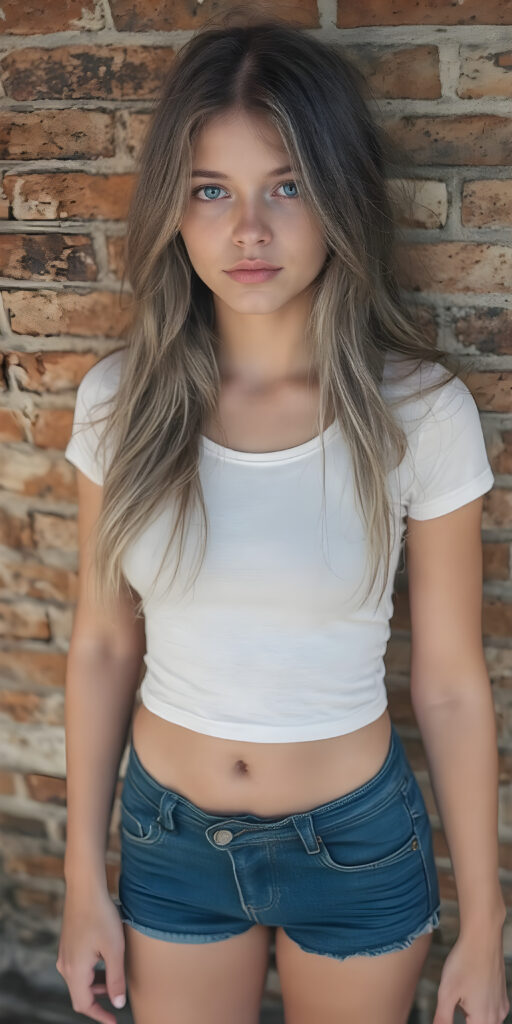 full body shot of a (((stunning gorgeous teen girl))), with ((very long soft jet ash grey hair, big light blue eyes)), perfect curved body, (her face illuminated by a warm, inviting glow), dressed in a ((short tight (white T-shirt) with ((blue thin straps)) and ((blue buttons)) on the sleeves)) and ((blue (short jeans) with ((blue thin belt)) over the top)), standing confidently in front of a ((beautiful brick wall)). She exudes an air of confidence and allure, as she poses for a full-body shot that captures her perfectly toned and youthful thighs, and accentuates her slender, perfect bottom. The image exudes a sense of elegance and natural beauty, perfect for a high-resolution, UHD photo that showcases her full body elegantly