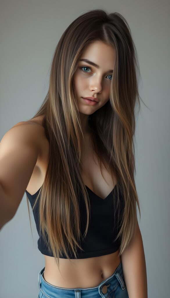 full body shot, a beautiful, young woman, ((detailed and realistic straight light brown hair with dark highlights, the hair reach to her hip, her hair has the same length left and right and falls down like a waterfall to her front)), ((detailed, realistic photo)) ((perfect curved body, deep neck)) ((gorgeous)) ((stunning)) ((cute)), short blue denim jeans pants, she take a selfie, perfect contours mirroring the girl’s form, she wears a dark cropped tank top and deep v-neck, cute round little belly button, plain light grey backdrop.