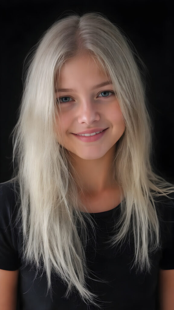 full body shot, a beautiful young girl, ((detailed and realistic)), her very long straight and soft white full hair falls over her upper body)), ((perfect curved body)) ((gorgeous)) ((stunning)) ((cute round face)), she wears a black t-shirt, enjoy her carefree life, she is smiling, in front of the viewer, black background, perfect light and shadows
