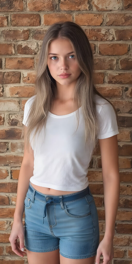 full body shot of a (((stunning gorgeous teen girl))), with ((very long soft jet ash grey hair, big light blue eyes)), perfect curved body, (her face illuminated by a warm, inviting glow), dressed in a ((short tight (white T-shirt) with ((blue thin straps)) and ((blue buttons)) on the sleeves)) and ((blue (short jeans) with ((blue thin belt)) over the top)), standing confidently in front of a ((beautiful brick wall)). She exudes an air of confidence and allure, as she poses for a full-body shot that captures her perfectly toned and youthful thighs, and accentuates her slender, perfect bottom. The image exudes a sense of elegance and natural beauty, perfect for a high-resolution, UHD photo that showcases her full body elegantly