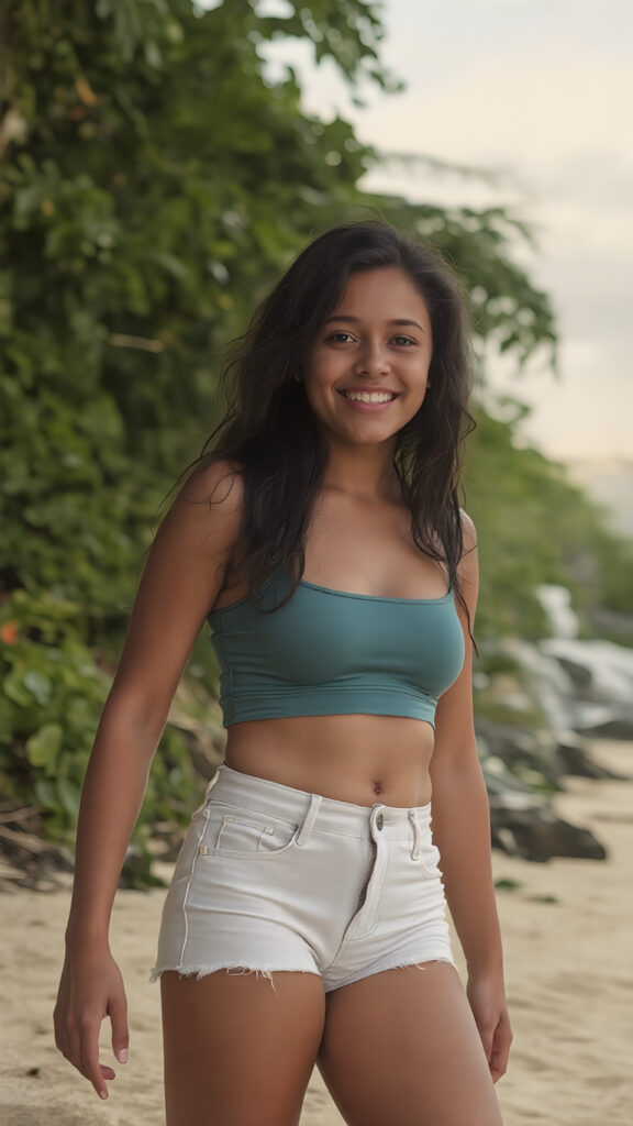full body shot of a (((very happy teen girl))) with warm, sun-kissed skin and long, softly curled ((black hair)), wearing a tight-fitting, short ((teal top)) and (tight (white denim jean shorts)), posed confidently on a (sandy beach) under a (softly glowing (sky))