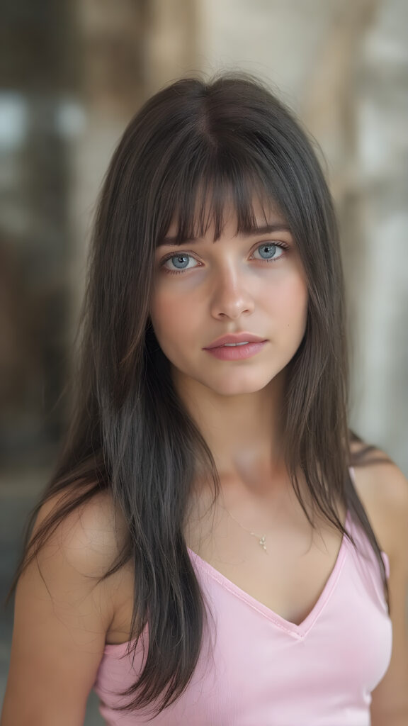 full body shot, a sweet, girl dressed in a pink cropped deep v-neck tank top, long straight silky smooth obsidian black hair, blue eyes, flawless skin, stunning, gorgeous, cute, fotorealistic