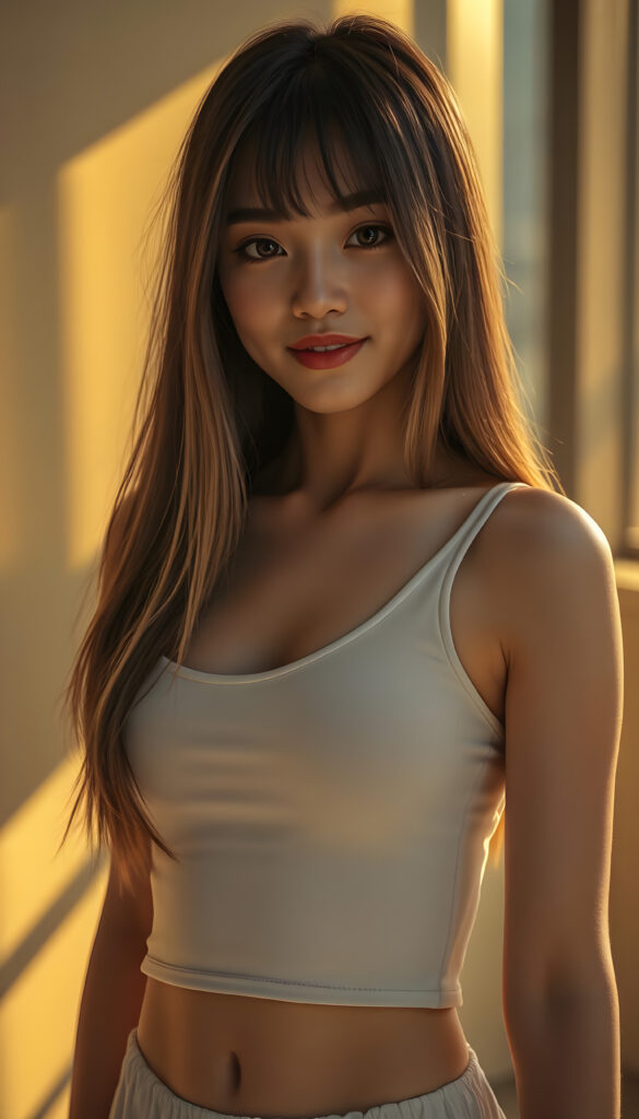 (full body shot) a stunning, highly detailed 8K portrait of a cute well and big busty woman with a perfect, curvy body and a warm smile. She has Korea-inspired bangs and straight, detailed maroon hair with blond highlights that cascades down her. Her face is ultra-realistic, round with mesmerizing amber eyes that look directly at the viewer. She wears a crisp white short cropped tank top that accentuates her figure low v-neck. Round short mini skirt. The lighting is warm and golden, casting deep, dramatic shadows that enhance her features. The image is saturated and vibrant, with a film grain texture that adds a nostalgic touch. The focus is sharp on her face and upper body, while the background is softly blurred, creating a beautiful depth of field effect.