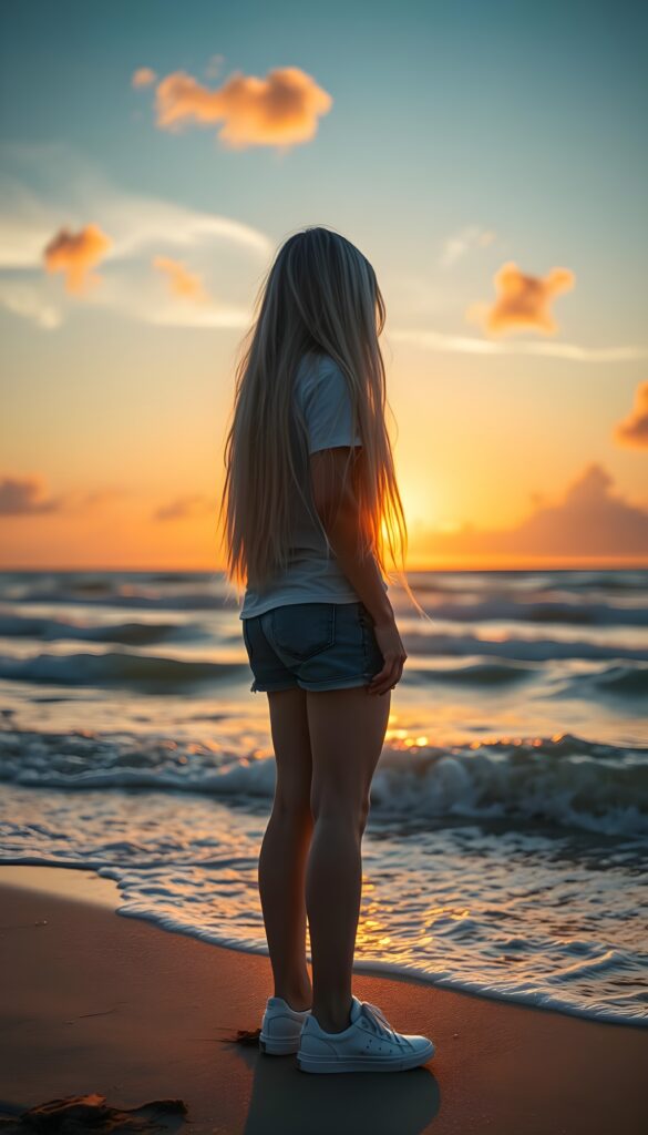 full body shot, a young girl wearing a T-shirt, shorts, and sneakers stands on a beautiful beach and watches the waves. Long white hair falls down. A beautiful sunset, orange and red clouds. perfect curved butt.
