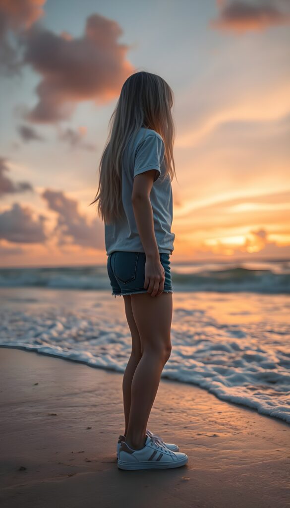 full body shot, a young girl wearing a T-shirt, shorts, and sneakers stands on a beautiful beach and watches the waves. Long white hair falls down. A beautiful sunset, orange and red clouds. perfect curved butt.