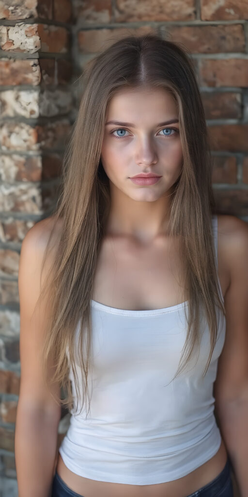 full body shot of a (((stunning gorgeous young teen girl))), with ((very long soft jet light brown hair, big light blue eyes)), perfect curved body, (her face illuminated by a warm, inviting glow), dressed in a ((short tight (white tank top) with ((blue thin straps)) and ((blue buttons)) on the sleeves)), standing confidently in front of a ((beautiful brick wall)). She exudes an air of confidence and allure, as she poses for a full-body shot that captures her perfectly toned and youthful thighs, and accentuates her slender, perfect bottom. The image exudes a sense of elegance and natural beauty, perfect for a high-resolution, UHD photo that showcases her full body elegantly, it's a sunny day