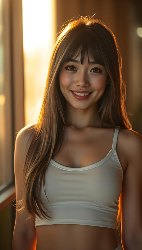 (full body shot) a stunning, highly detailed 8K portrait of a cute well and big busty woman with a perfect, curvy body and a warm smile. She has Korea-inspired bangs and straight, detailed maroon hair with blond highlights that cascades down her. Her face is ultra-realistic, round with mesmerizing amber eyes that look directly at the viewer. She wears a crisp white short cropped tank top that accentuates her figure low v-neck. Round short mini skirt. The lighting is warm and golden, casting deep, dramatic shadows that enhance her features. The image is saturated and vibrant, with a film grain texture that adds a nostalgic touch. The focus is sharp on her face and upper body, while the background is softly blurred, creating a beautiful depth of field effect.