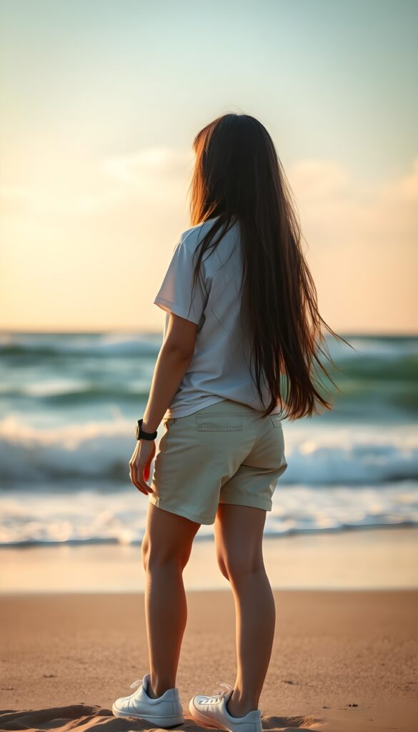 full body shot, a young girl wearing a T-shirt, shorts, and sneakers stands on a beautiful beach and watches the waves. Her upper body is upright. Long dark hair falls down.