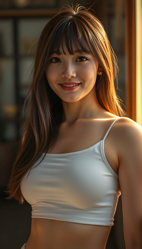 (full body shot) a stunning, highly detailed 8K portrait of a cute well and big busty woman with a perfect, curvy body and a warm smile. She has Korea-inspired bangs and straight, detailed maroon hair with blond highlights that cascades down her. Her face is ultra-realistic, round with mesmerizing amber eyes that look directly at the viewer. She wears a crisp white short cropped tank top that accentuates her figure low v-neck. Round short mini skirt. The lighting is warm and golden, casting deep, dramatic shadows that enhance her features. The image is saturated and vibrant, with a film grain texture that adds a nostalgic touch. The focus is sharp on her face and upper body, while the background is softly blurred, creating a beautiful depth of field effect.