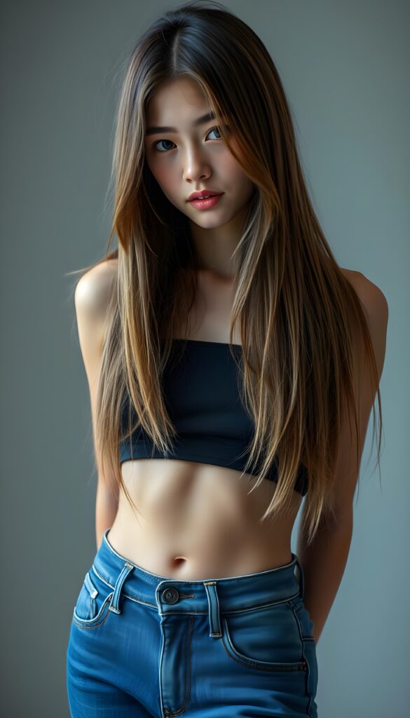 full body shot, a beautiful, young woman, ((detailed and realistic straight light brown hair with dark highlights, the hair reach to her hip, her hair has the same length left and right and falls down like a waterfall to her front)), ((detailed, realistic photo)) ((perfect curved body, deep neck)) ((gorgeous)) ((stunning)) ((cute)), short blue denim jeans pants, she take a selfie, perfect contours mirroring the girl’s form, she wears a dark cropped tank top and deep v-neck, cute round little belly button, plain light grey backdrop.