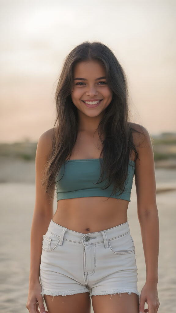 full body shot of a (((very happy teen girl))) with warm, sun-kissed skin and long, softly curled ((black hair)), wearing a tight-fitting, short ((teal top)) and (tight (white denim jean shorts)), posed confidently on a (sandy beach) under a (softly glowing (sky))