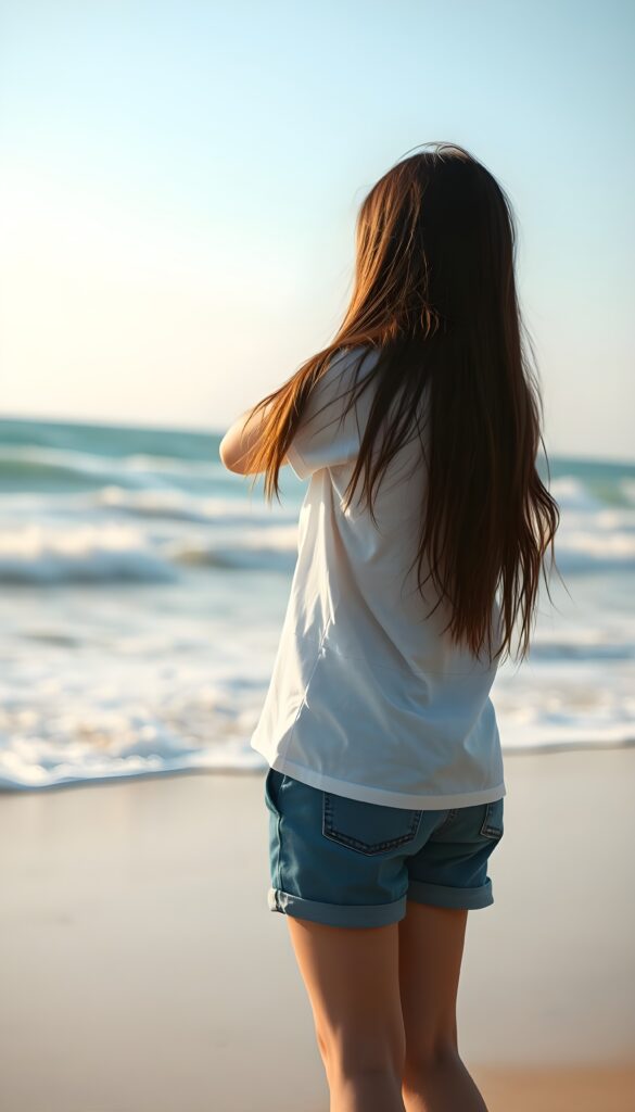 full body shot, a young girl wearing a T-shirt, shorts, and sneakers stands on a beautiful beach and watches the waves. Her upper body is upright. Long dark hair falls down.
