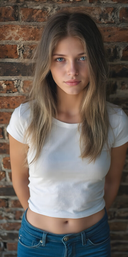 full body shot of a (((stunning gorgeous teen girl))), with ((very long soft jet ash grey hair, big light blue eyes)), perfect curved body, (her face illuminated by a warm, inviting glow), dressed in a ((short tight (white T-shirt) with ((blue thin straps)) and ((blue buttons)) on the sleeves)) and ((blue (short jeans) with ((blue thin belt)) over the top)), standing confidently in front of a ((beautiful brick wall)). She exudes an air of confidence and allure, as she poses for a full-body shot that captures her perfectly toned and youthful thighs, and accentuates her slender, perfect bottom. The image exudes a sense of elegance and natural beauty, perfect for a high-resolution, UHD photo that showcases her full body elegantly