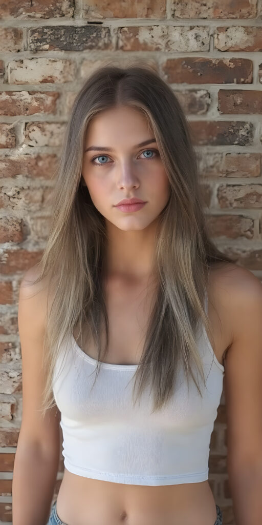 full body shot of a (((stunning gorgeous young teen girl))), with ((very long soft jet light brown hair, big light blue eyes)), perfect curved body, (her face illuminated by a warm, inviting glow), dressed in a ((short tight (white tank top) with ((blue thin straps)) and ((blue buttons)) on the sleeves)), standing confidently in front of a ((beautiful brick wall)). She exudes an air of confidence and allure, as she poses for a full-body shot that captures her perfectly toned and youthful thighs, and accentuates her slender, perfect bottom. The image exudes a sense of elegance and natural beauty, perfect for a high-resolution, UHD photo that showcases her full body elegantly, it's a sunny day