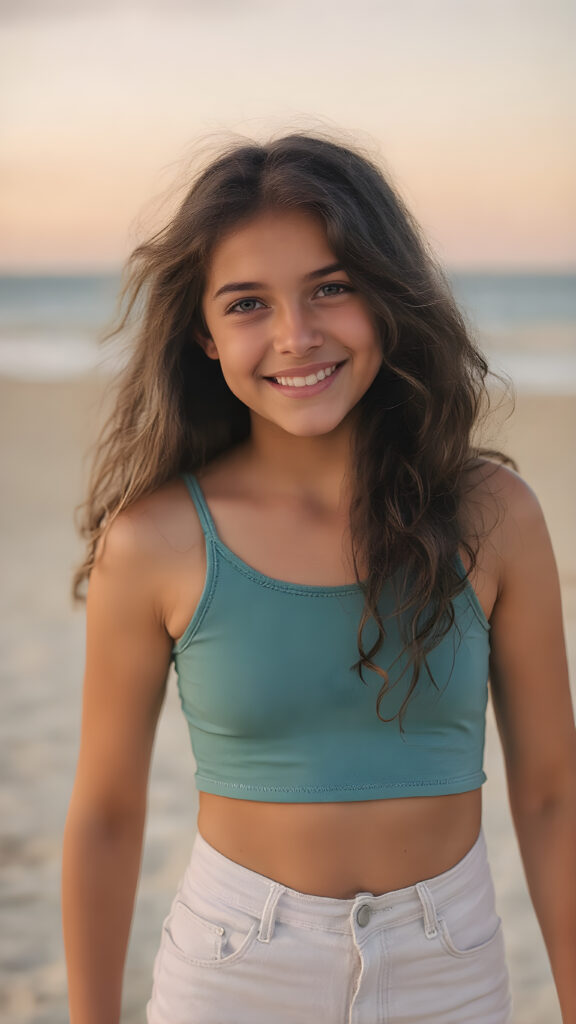 full body shot of a (((very happy teen girl))) with warm, sun-kissed skin and long, softly curled ((black hair)), wearing a tight-fitting, short ((teal top)) and (tight (white denim jean shorts)), posed confidently on a (sandy beach) under a (softly glowing (sky))