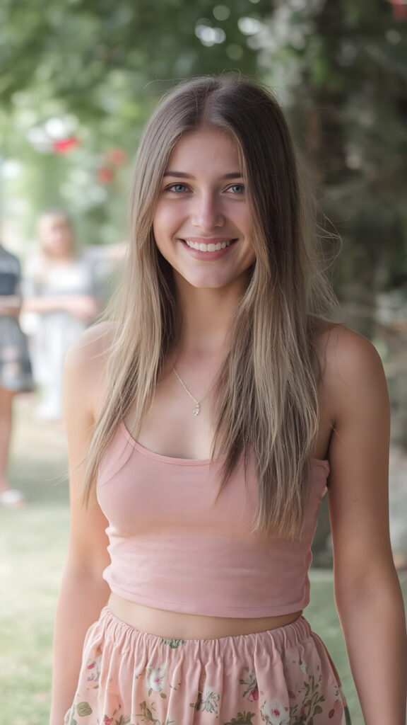 full body shot from a young adult teen girl, 19 years old, smile, ((in a summer mini dress (spaghetti cropped tank top, a round short mini skirt) with flowers pattern)), in a garden party, long straight blond and dark brown hair, stunning, seductive