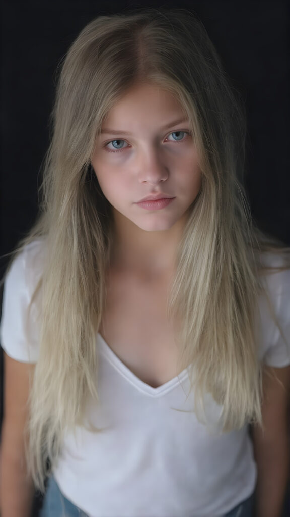full body shot of a stunningly beautiful young girl, age 15, with ((white long straight jet hair (luminous)), flowing down to her waist, and (((bright amber eyes))), that match perfectly with her flawless complexion. She's dressed in a tight ((white short t-shirt, deep v-neck)), and ((cute (flared) jeans)), perfectly complemented by her (perfectly proportioned figure). Her look exudes seduction and playfulness, as she gazes directly at the viewer. Her focus on the camera is intense, with a soft, inviting expression that draws you in. The background is black, providing a perfect contrast to her youthful face, and making her features stand out perfectly. This full body shot captures her perfectly proportioned figure, and luxurious jet hair that flows down to her waist. She exudes an air of youthful confidence and playfulness, making this shot truly breathtaking.