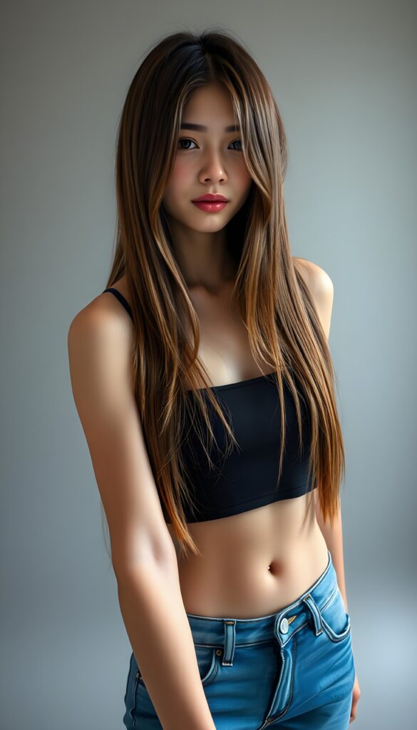 full body shot, a beautiful, young woman, ((detailed and realistic straight light brown hair with dark highlights, the hair reach to her hip, her hair has the same length left and right and falls down like a waterfall to her front)), ((detailed, realistic photo)) ((perfect curved body, deep neck)) ((gorgeous)) ((stunning)) ((cute)), short blue denim jeans pants, she take a selfie, perfect contours mirroring the girl’s form, she wears a dark cropped tank top and deep v-neck, cute round little belly button, plain light grey backdrop.