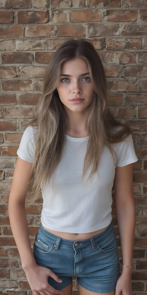 full body shot of a (((stunning gorgeous teen girl))), with ((very long soft jet ash grey hair, big light blue eyes)), perfect curved body, (her face illuminated by a warm, inviting glow), dressed in a ((short tight (white T-shirt) with ((blue thin straps)) and ((blue buttons)) on the sleeves)) and ((blue (short jeans) with ((blue thin belt)) over the top)), standing confidently in front of a ((beautiful brick wall)). She exudes an air of confidence and allure, as she poses for a full-body shot that captures her perfectly toned and youthful thighs, and accentuates her slender, perfect bottom. The image exudes a sense of elegance and natural beauty, perfect for a high-resolution, UHD photo that showcases her full body elegantly