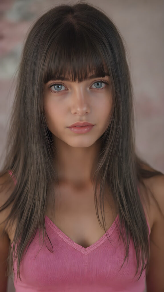 full body shot, a sweet, girl dressed in a pink cropped deep v-neck tank top, long straight silky smooth obsidian black hair, blue eyes, flawless skin, stunning, gorgeous, cute, fotorealistic