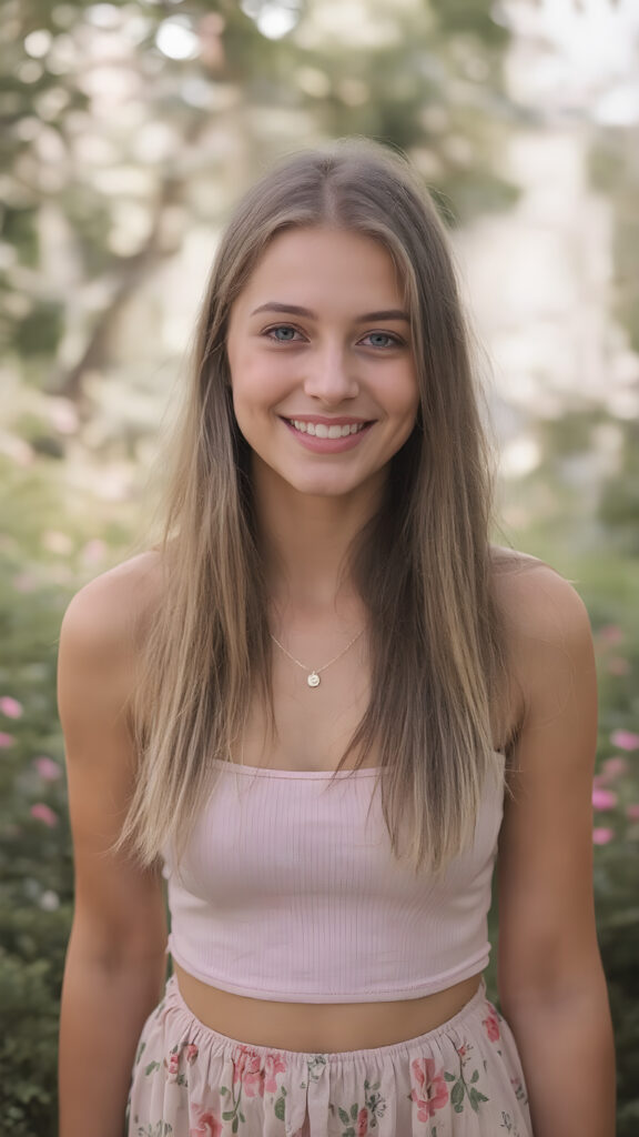 full body shot from a young adult teen girl, 19 years old, smile, ((in a summer mini dress (spaghetti cropped tank top, a round short mini skirt) with flowers pattern)), in a garden party, long straight blond and dark brown hair, stunning, seductive