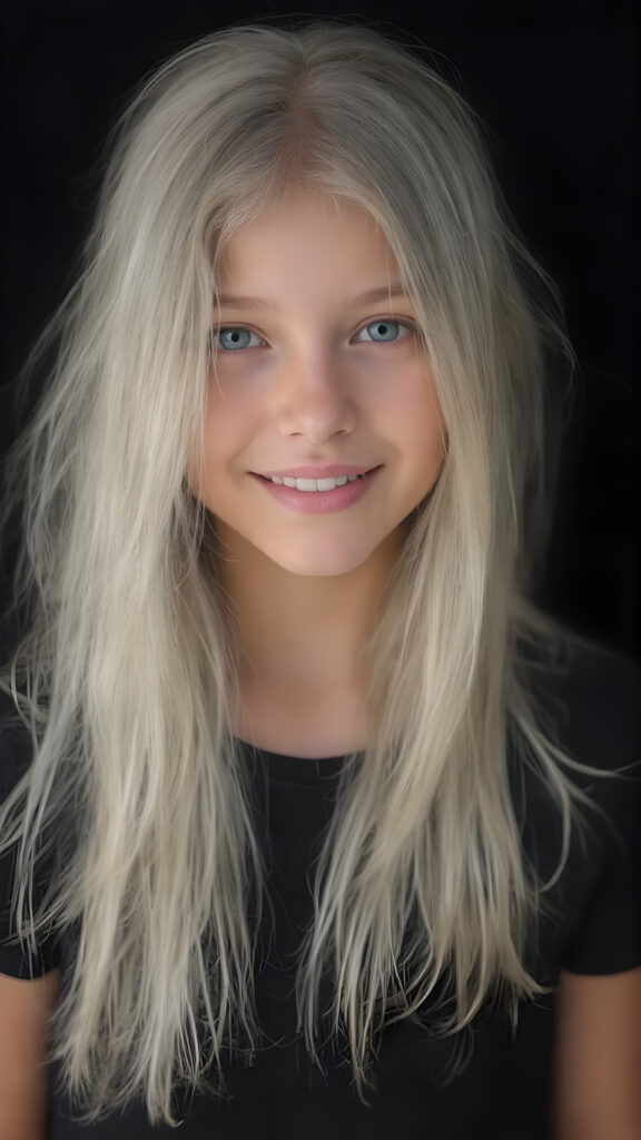 full body shot, a beautiful young girl, ((detailed and realistic)), her very long straight and soft white full hair falls over her upper body)), ((perfect curved body)) ((gorgeous)) ((stunning)) ((cute round face)), she wears a black t-shirt, enjoy her carefree life, she is smiling, in front of the viewer, black background, perfect light and shadows