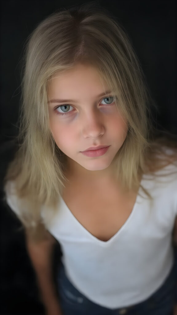 full body shot of a stunningly beautiful young girl, age 15, with ((white long straight jet hair (luminous)), flowing down to her waist, and (((bright amber eyes))), that match perfectly with her flawless complexion. She's dressed in a tight ((white short t-shirt, deep v-neck)), and ((cute (flared) jeans)), perfectly complemented by her (perfectly proportioned figure). Her look exudes seduction and playfulness, as she gazes directly at the viewer. Her focus on the camera is intense, with a soft, inviting expression that draws you in. The background is black, providing a perfect contrast to her youthful face, and making her features stand out perfectly. This full body shot captures her perfectly proportioned figure, and luxurious jet hair that flows down to her waist. She exudes an air of youthful confidence and playfulness, making this shot truly breathtaking.