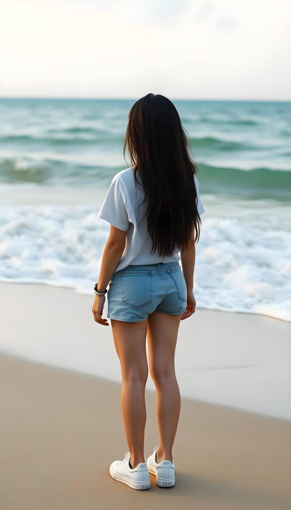 full body shot, a young girl wearing a T-shirt, shorts, and sneakers stands on a beautiful beach and watches the waves. Her upper body is upright. Long dark hair falls down.