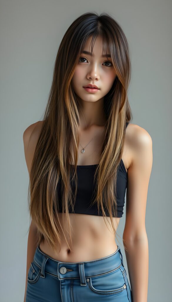 full body shot, a beautiful, young woman, ((detailed and realistic straight light brown hair with dark highlights, the hair reach to her hip, her hair has the same length left and right and falls down like a waterfall to her front)), ((detailed, realistic photo)) ((perfect curved body, deep neck)) ((gorgeous)) ((stunning)) ((cute)), short blue denim jeans pants, she take a selfie, perfect contours mirroring the girl’s form, she wears a dark cropped tank top and deep v-neck, cute round little belly button, plain light grey backdrop.