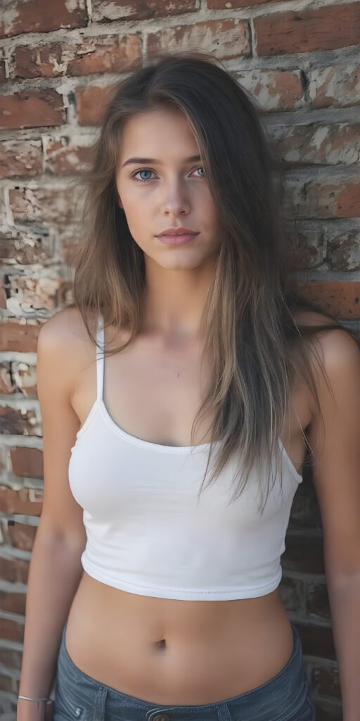 full body shot of a (((stunning gorgeous young teen girl))), with ((very long soft jet light brown hair, big light blue eyes)), perfect curved body, (her face illuminated by a warm, inviting glow), dressed in a ((short tight (white tank top) with ((blue thin straps)) and ((blue buttons)) on the sleeves)), standing confidently in front of a ((beautiful brick wall)). She exudes an air of confidence and allure, as she poses for a full-body shot that captures her perfectly toned and youthful thighs, and accentuates her slender, perfect bottom. The image exudes a sense of elegance and natural beauty, perfect for a high-resolution, UHD photo that showcases her full body elegantly, it's a sunny day