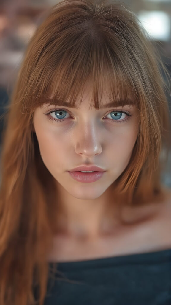 full body shot of a (((very beautiful young busty girl))) with ((extremely long, thin, jet soft straight vibrant red hair ((with a bang that gently frames her face)), natural looking ((pale skin)), and ((natural looking ((bright blue eyes)))) that are seductively open. Her lips are ((full, natural looking)) and ((perfectly curved))