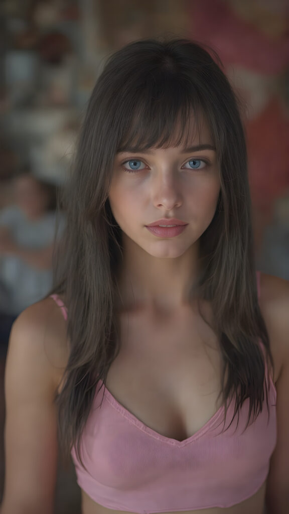 full body shot, a sweet, girl dressed in a pink cropped deep v-neck tank top, long straight silky smooth obsidian black hair, blue eyes, flawless skin, stunning, gorgeous, cute, fotorealistic