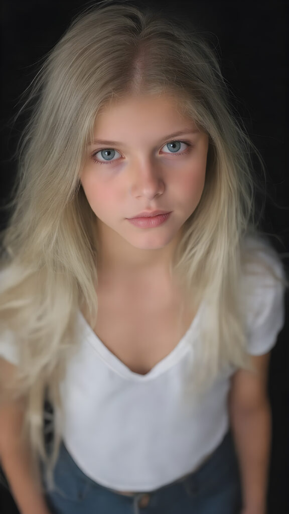 full body shot of a stunningly beautiful young girl, age 15, with ((white long straight jet hair (luminous)), flowing down to her waist, and (((bright amber eyes))), that match perfectly with her flawless complexion. She's dressed in a tight ((white short t-shirt, deep v-neck)), and ((cute (flared) jeans)), perfectly complemented by her (perfectly proportioned figure). Her look exudes seduction and playfulness, as she gazes directly at the viewer. Her focus on the camera is intense, with a soft, inviting expression that draws you in. The background is black, providing a perfect contrast to her youthful face, and making her features stand out perfectly. This full body shot captures her perfectly proportioned figure, and luxurious jet hair that flows down to her waist. She exudes an air of youthful confidence and playfulness, making this shot truly breathtaking.