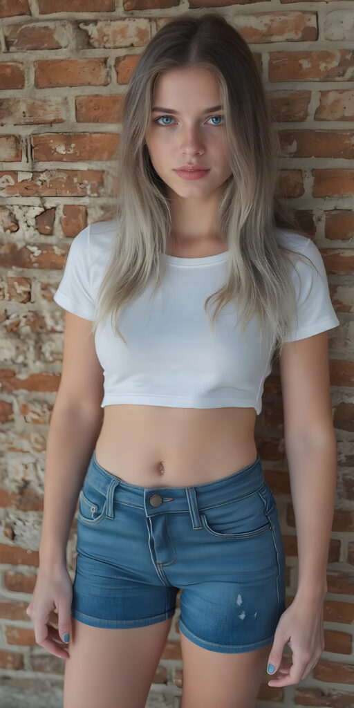 full body shot of a (((stunning gorgeous teen girl))), with ((very long soft jet ash grey hair, big light blue eyes)), perfect curved body, (her face illuminated by a warm, inviting glow), dressed in a ((short tight (white T-shirt) with ((blue thin straps)) and ((blue buttons)) on the sleeves)) and ((blue (short jeans) with ((blue thin belt)) over the top)), standing confidently in front of a ((beautiful brick wall)). She exudes an air of confidence and allure, as she poses for a full-body shot that captures her perfectly toned and youthful thighs, and accentuates her slender, perfect bottom. The image exudes a sense of elegance and natural beauty, perfect for a high-resolution, UHD photo that showcases her full body elegantly