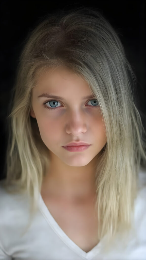 full body shot of a stunningly beautiful young girl, age 15, with ((white long straight jet hair (luminous)), flowing down to her waist, and (((bright amber eyes))), that match perfectly with her flawless complexion. She's dressed in a tight ((white short t-shirt, deep v-neck)), and ((cute (flared) jeans)), perfectly complemented by her (perfectly proportioned figure). Her look exudes seduction and playfulness, as she gazes directly at the viewer. Her focus on the camera is intense, with a soft, inviting expression that draws you in. The background is black, providing a perfect contrast to her youthful face, and making her features stand out perfectly. This full body shot captures her perfectly proportioned figure, and luxurious jet hair that flows down to her waist. She exudes an air of youthful confidence and playfulness, making this shot truly breathtaking.