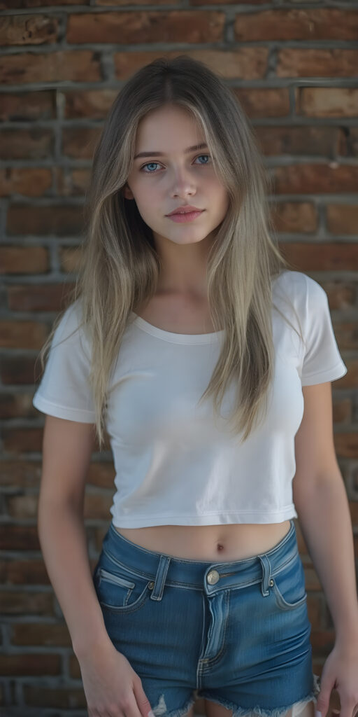 full body shot of a (((stunning gorgeous teen girl))), with ((very long soft jet ash grey hair, big light blue eyes)), perfect curved body, (her face illuminated by a warm, inviting glow), dressed in a ((short tight (white T-shirt) with ((blue thin straps)) and ((blue buttons)) on the sleeves)) and ((blue (short jeans) with ((blue thin belt)) over the top)), standing confidently in front of a ((beautiful brick wall)). She exudes an air of confidence and allure, as she poses for a full-body shot that captures her perfectly toned and youthful thighs, and accentuates her slender, perfect bottom. The image exudes a sense of elegance and natural beauty, perfect for a high-resolution, UHD photo that showcases her full body elegantly