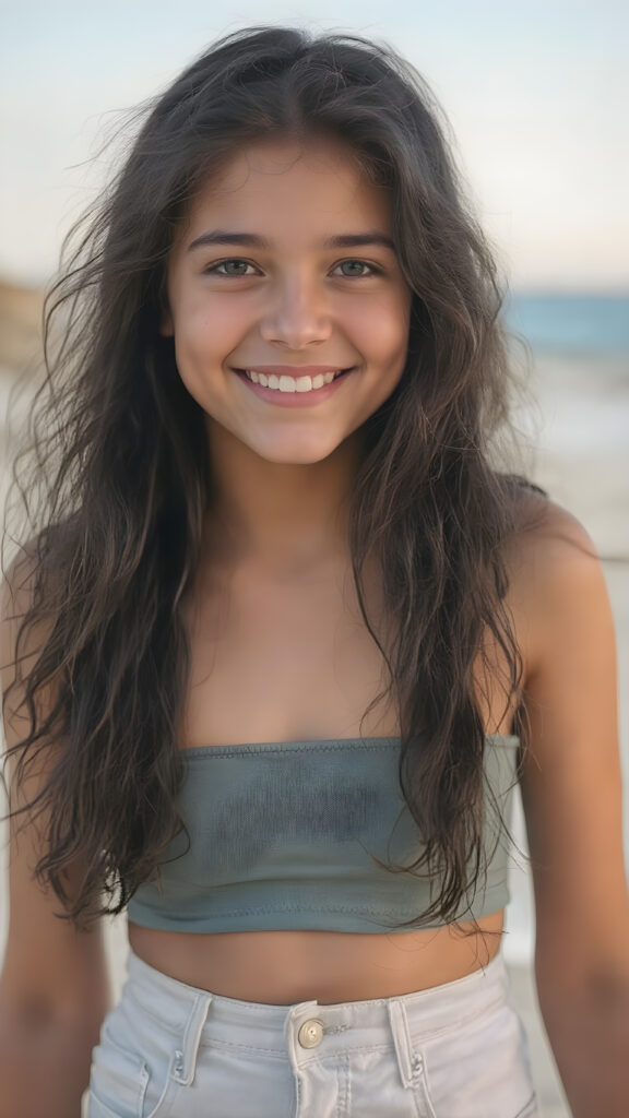 full body shot of a (((very happy teen girl))) with warm, sun-kissed skin and long, softly curled ((black hair)), wearing a tight-fitting, short ((teal top)) and (tight (white denim jean shorts)), posed confidently on a (sandy beach) under a (softly glowing (sky))