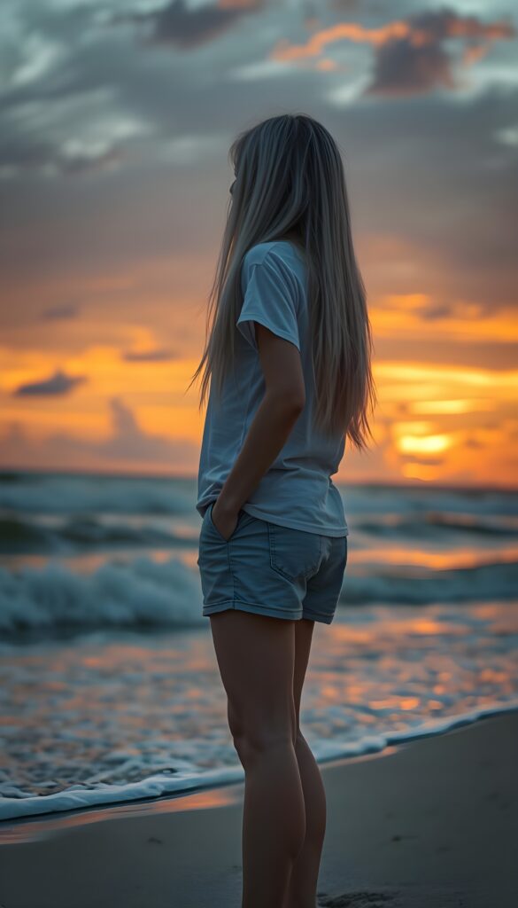full body shot, a young girl wearing a T-shirt, shorts, and sneakers stands on a beautiful beach and watches the waves. Long white hair falls down. A beautiful sunset, orange and red clouds. perfect curved butt.