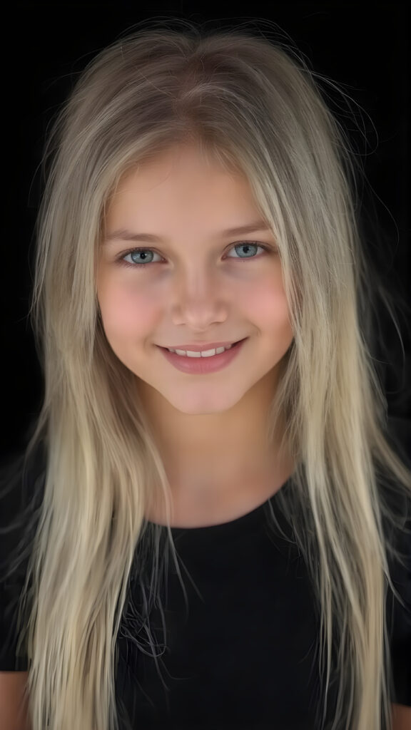 full body shot, a beautiful young girl, ((detailed and realistic)), her very long straight and soft white full hair falls over her upper body)), ((perfect curved body)) ((gorgeous)) ((stunning)) ((cute round face)), she wears a black t-shirt, enjoy her carefree life, she is smiling, in front of the viewer, black background, perfect light and shadows