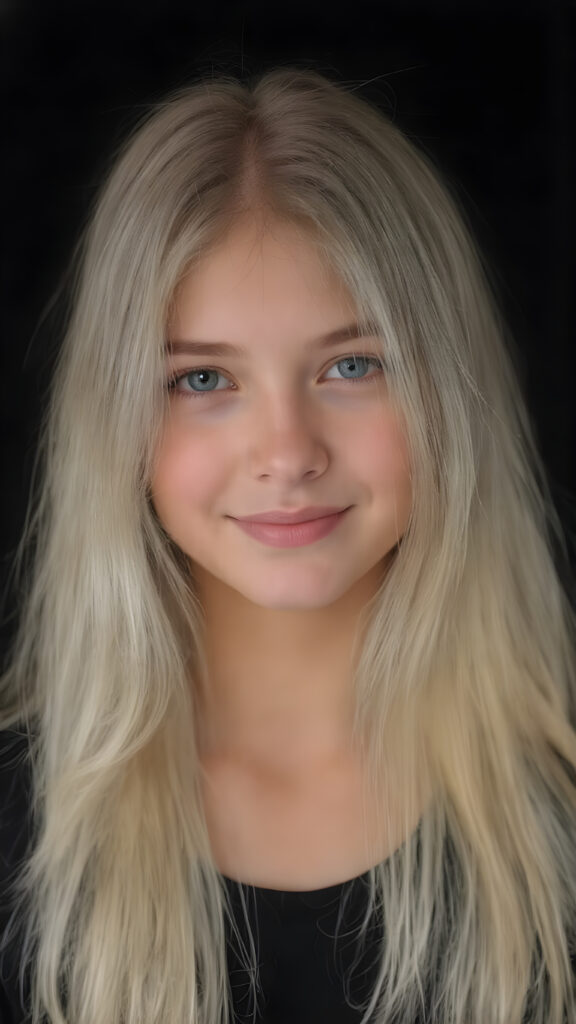 full body shot, a beautiful young girl, ((detailed and realistic)), her very long straight and soft white full hair falls over her upper body)), ((perfect curved body)) ((gorgeous)) ((stunning)) ((cute round face)), she wears a black t-shirt, enjoy her carefree life, she is smiling, in front of the viewer, black background, perfect light and shadows