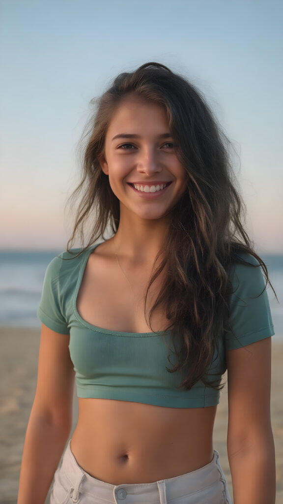 full body shot of a (((very happy teen girl))) with warm, sun-kissed skin and long, softly curled ((black hair)), wearing a tight-fitting, short ((teal top)) and (tight (white denim jean shorts)), posed confidently on a (sandy beach) under a (softly glowing (sky))