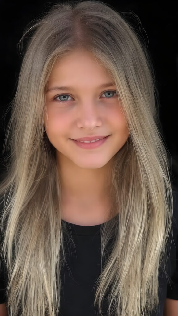 full body shot, a beautiful young girl, ((detailed and realistic)), her very long straight and soft white full hair falls over her upper body)), ((perfect curved body)) ((gorgeous)) ((stunning)) ((cute round face)), she wears a black t-shirt, enjoy her carefree life, she is smiling, in front of the viewer, black background, perfect light and shadows
