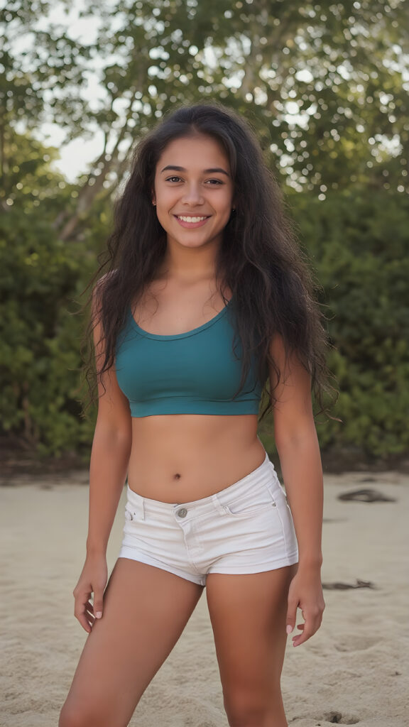 full body shot of a (((very happy teen girl))) with warm, sun-kissed skin and long, softly curled ((black hair)), wearing a tight-fitting, short ((teal top)) and (tight (white denim jean shorts)), posed confidently on a (sandy beach) under a (softly glowing (sky))